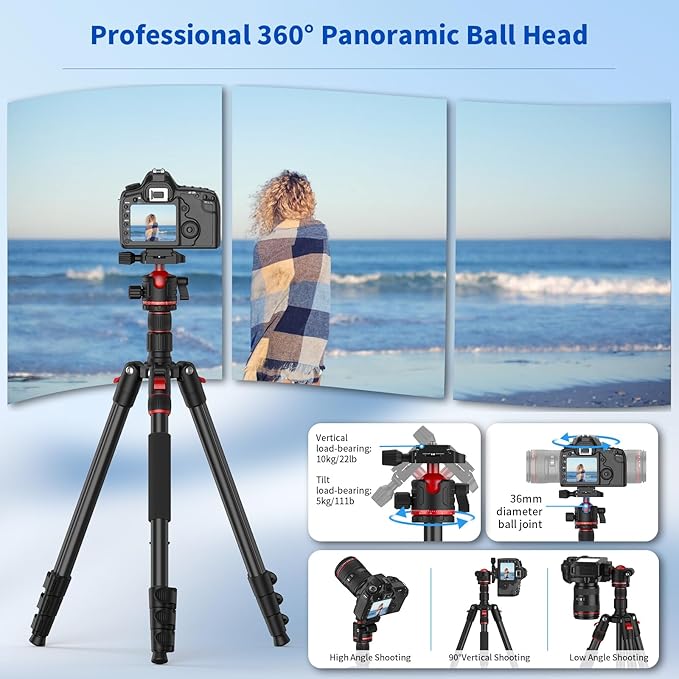 XXZU 74" Camera Tripod for DSLR/Monopod,360°Ball Head,Quick Release Plate,Phone Holder,Aluminum Lightweight Compact Travel Tripod Stand,Camera Tripod Compatible with DSLR/Phone,Max Load 10KG/22.05LB