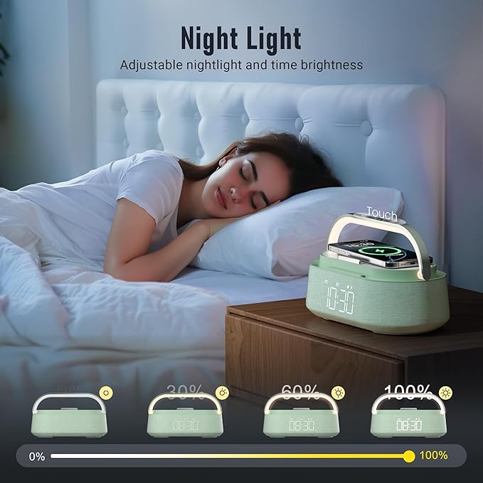 FREEFISH Bluetooth Speaker with Fast Wireless Charger,FM Radio,Touch LED Night Light,Phone Holder,Snooze, Portable Wireless Speaker for Bedrooms Office Home, Gifts