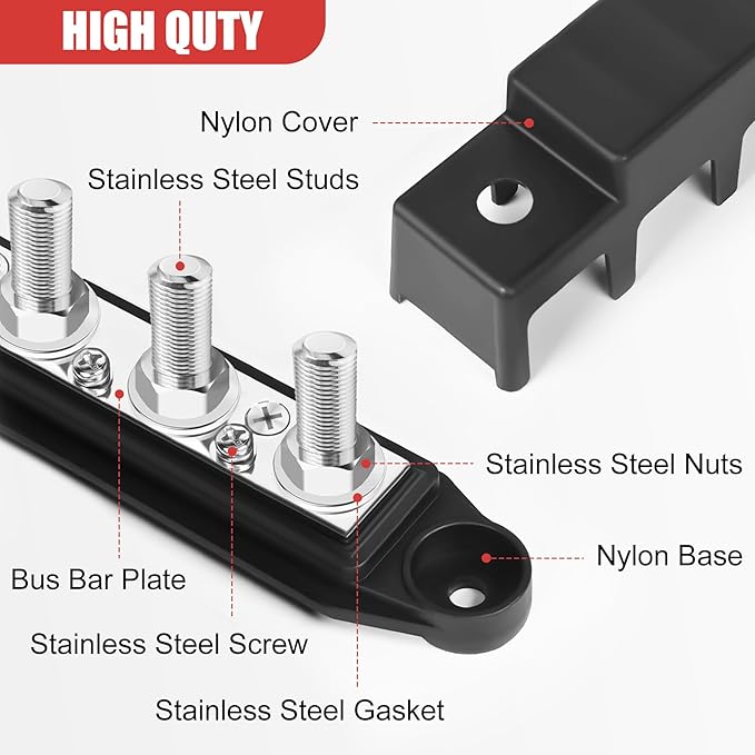 Bus Bar 12v Power Distribution Block 250A Bus Bar with 4 x 3/8" Studs Marine Battery Busbars Terminal Ground Distribution Block with Cover for Automotive, Boat, Car, Solar Wiring (Pair, Red & Black)