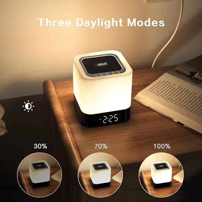 Aisuo Night Light-5 in 1 Bedside Lamp with Bluetooth Speaker, 12/24H Digital Calendar Alarm Clock, Touch Control, Support TF and SD Card, Music Player, Gift for Girls Boys Teens,Warm White