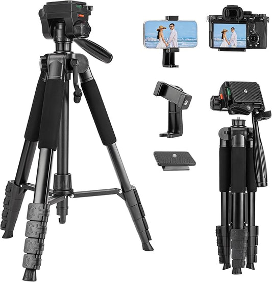 Fotopro 69'' Camera Tripod Lightweight Portable Travel Tripod for Camera and Phone with Detachable 3-Way Pan Head Phone Stand for Video Recording with Carry Bag and Cellphone Clip, Max Load 6.6lb