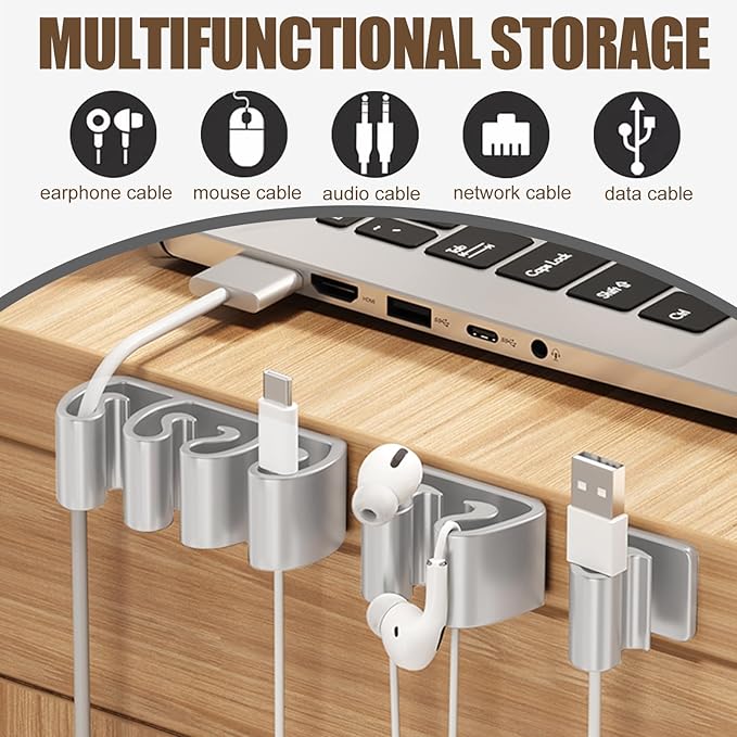 Cord Organizer, 6 Pcs Cable Clips, Cable Smooth Adjustable, Organise Mobile Phone Charging Cables, Suitable for Organising Bedside Cabinets, Walls, Desks, Cars (4-Hole)