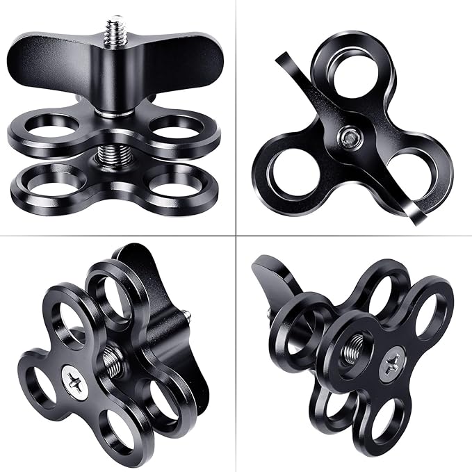3-Hole 1" Aluminum Underwater Camera Clamp Ball Mount (2-Pack) - Underwater Bracket for Diving Light Arms & Camera Trays, Saltwater-Resistant Adapter for Scuba Photography/Videography Gear