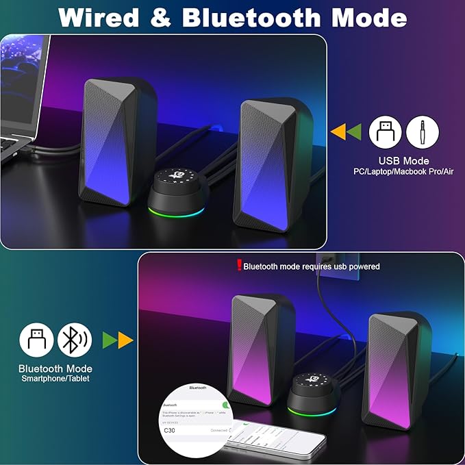 SOULION 2.0 Computer Speakers, USB Powered & 3.5 mm AUX Bluetooth Speakers for Desktop Monitor, LED Flame Lights & Easy-Control Pod, Gaming Speakers for Laptop Tablet Phone - Black