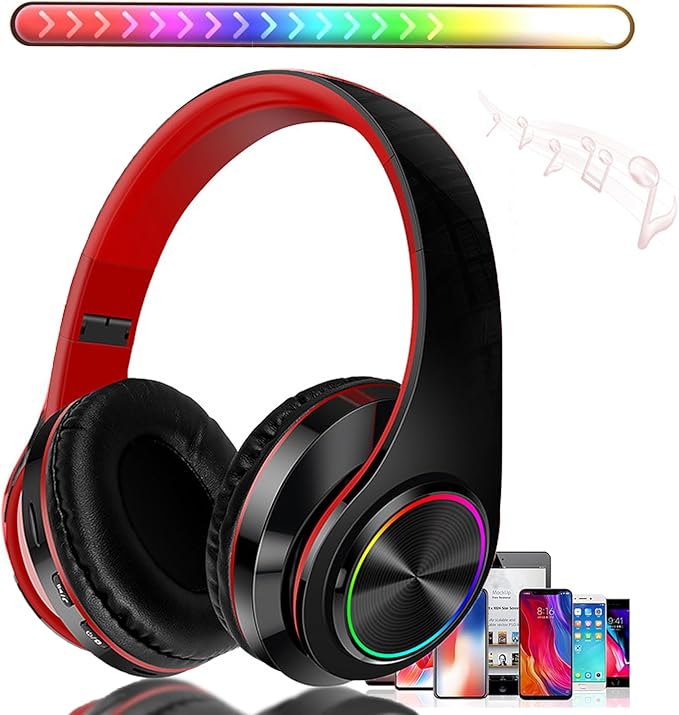 Bluetooth Wireless Over Ear Headphones, HiFi Stereo Sound Foldable Headset,Colorful LED Lights Headphones with Built-in Mic,Wired for School/Tablet Computer/PC/TV/Cellphones/Travel (Black Red)