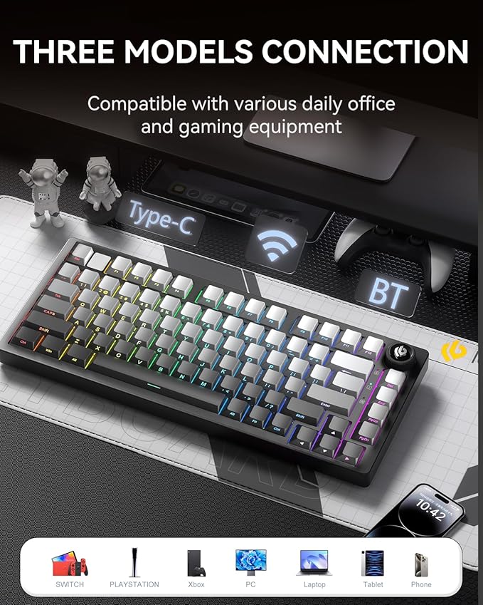 HI75C Pro Mechanical Keyboard, 75% Hot Swappable Gaming Keyboard with Five-Layer Knob, Bluetooth/2.4GHz/USB-C Wireless Keyboards for Windows/MAC/iOS/Android - Reaper Switch, Grey