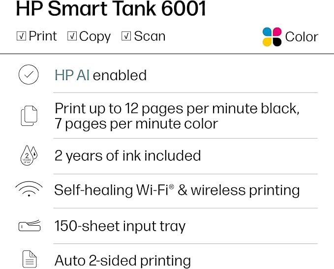 HP Smart Tank 6001 Wireless All-in-One Ink Tank Printer, Scanner, Copier with 2 years of ink included, Best-for-home, Refillable, AI-enabled (2H0B9A)