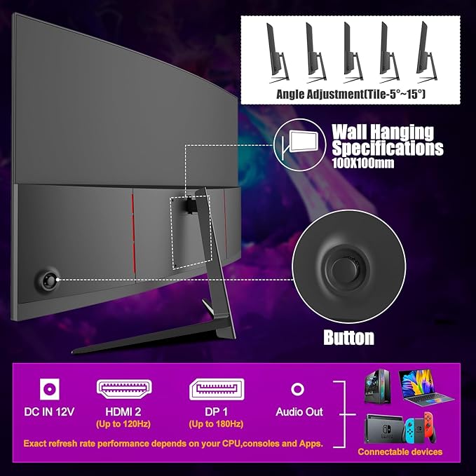 27 inch Curved Gaming Monitor,144Hz/180Hz PC Monitor Full HD 1080P, Frameless 1800R Computer Display with FreeSync & Eye-Care Technology, Wall Mountable, DP, HDMI Port (Black)