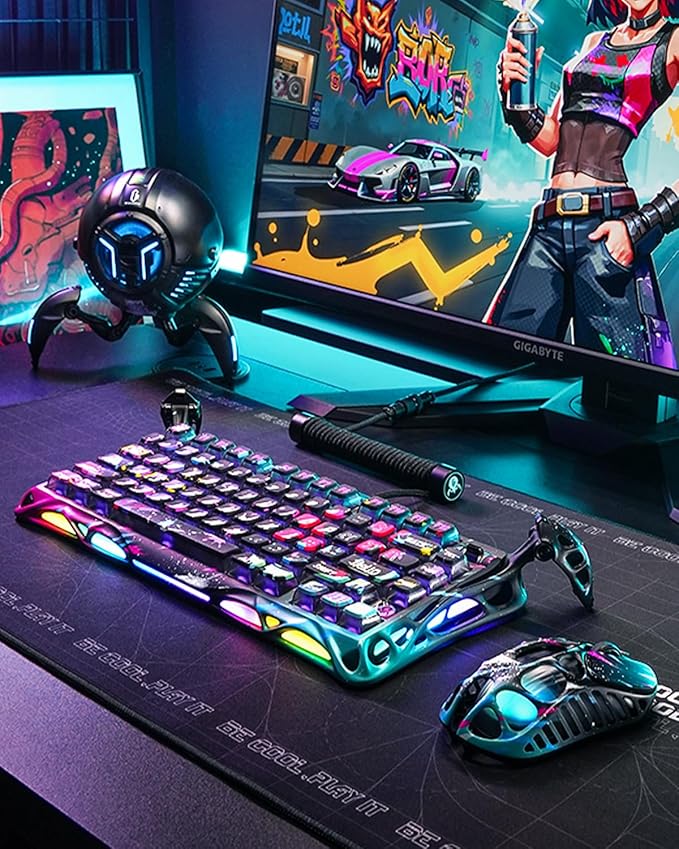 GravaStar Mercury V75 Pro 75% Hall Effect Magnetic Switch Gaming Keyboard, Only Wired, Hot‑Swappable, 8000 Hz Polling, Dual‑Zone RGB, Semi‑Aluminum Frame - Neon Graffiti