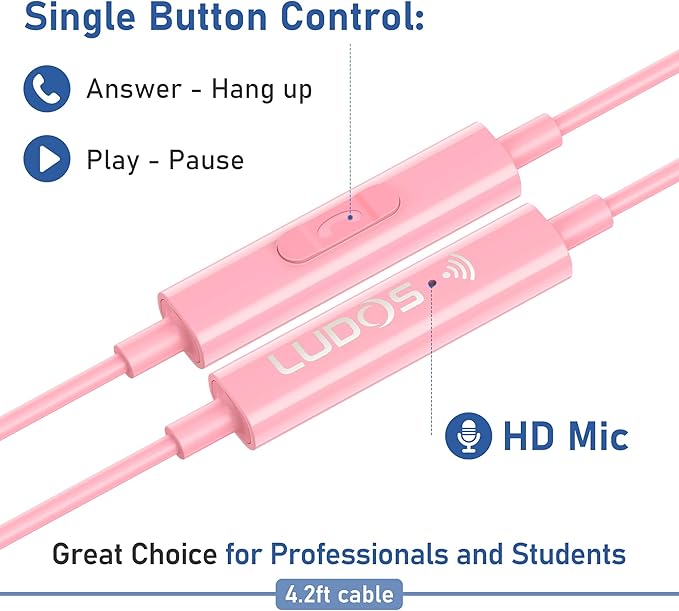 LUDOS FEROX Wired Earbuds in-Ear Headphones, 5 Years Warranty, Earphones with Microphone, Noise Isolation Corded for 3.5mm Jack Ear Buds for iPhone, Samsung, Laptop, Kids, School Students - Pink