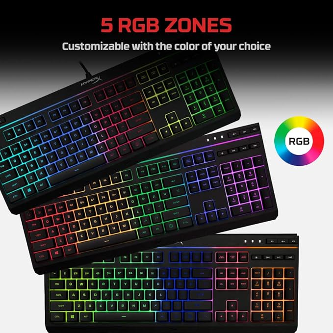 HyperX Alloy Core RGB LED Xbox PlayStation PC Gaming Keyboard Full Size Backlit Wired Tactile Anti-Ghosting Silent Quiet Keys English Layout Durable Frame for Gamer Computer Setup - Black (Renewed)