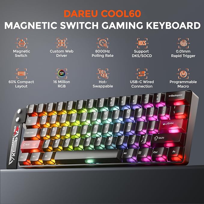 DAREU COOL60 60% Hall Effect Gaming Keyboard with Magnetic Switch, SOCD, 0.01mm Actuation Adjustable Rapid Trigger,8000 Hz Polling, Frosted Transparent Keycaps, Hot-swap, RGB Backlit