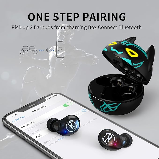 Kids Wireless Earbuds for Small Ears, Touch Control Headset in-Ear Wireless Headphones, Bluetooth 5.3 Noise Reduction Earphones with Blinking Eyes Charging Case