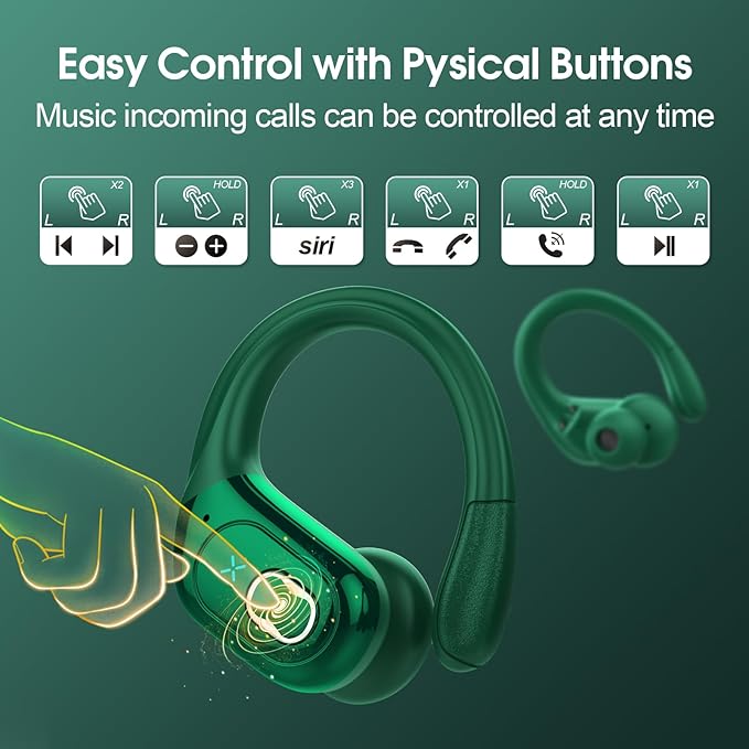 Wireless Earbuds 75hrs Bluetooth 5.4 Headphone Sport, 2025 Bluetooth Earbuds Stereo Deep Bass Over Ear Bud with Earhooks, ENC Noise Cancelling Mic, IPX7 Waterproof Earphone, Dark Green