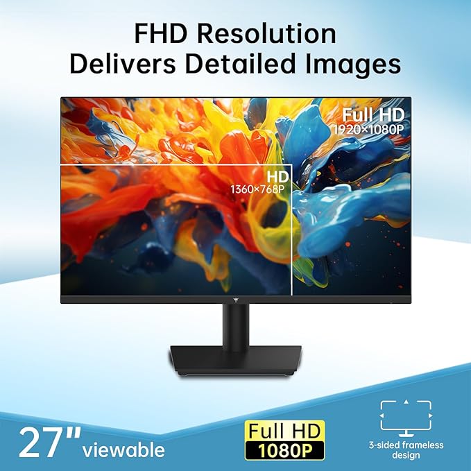 KTC 27 inch Monitor - 1080P Monitor, 100Hz FreeSync Gaming Monitor with HDR10,VESA Mountable, Adjustable Tilt, ZeroFrame Design, HDMI,VGA,Earphone Ports, PC Monitor Work Monitor for Office
