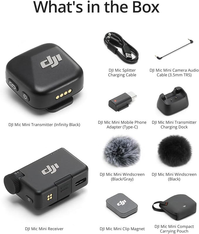 DJI Mic Mini (1 TX + 1 RX), Wireless Lavalier Microphone for iPhone/Camera/Android, Ultralight, Detail-Rich Audio, Noise Cancelling, Automatic Limiting, Vlog, Streaming, 400m Transmission