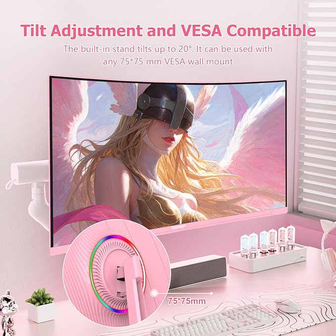 Pink Curved Gaming Monitor 180Hz 1ms,Frameless 1080P Gaming Monitor 27 inch,4000:1 Contrast Ratio,FreeSync Crosshair/Timer/FPS/RTS,Tilt Adjustable(DP Cable Included)