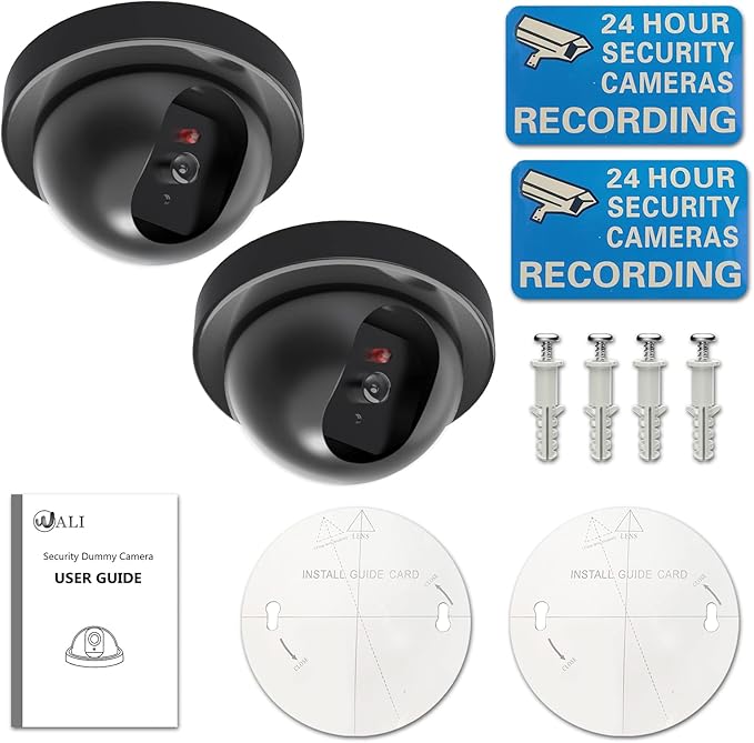 WALI Dummy Fake Security CCTV Dome Camera with Flashing Red LED Light with Security Alert Sticker Decals (SD-2), 2 Packs, Black