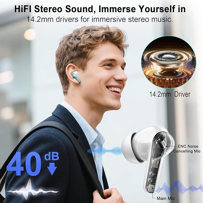 Wireless Earbuds, Bluetooth Headphones 5.4 HiFi Stereo, Ear Buds with 4 ENC Noise Cancelling Mics, 48H Bluetooth Earbuds with Dual LED Display, IP7 Waterproof in Ear Earphones for Android iOS, Cyan