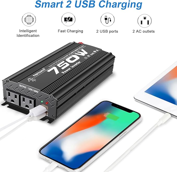 750W Black Car Power Inverter, 12V to 110V/120V, 2 AC Outlets, 2 USB Ports, Battery Clamps, Ideal for Vehicles, Trucks, Camping
