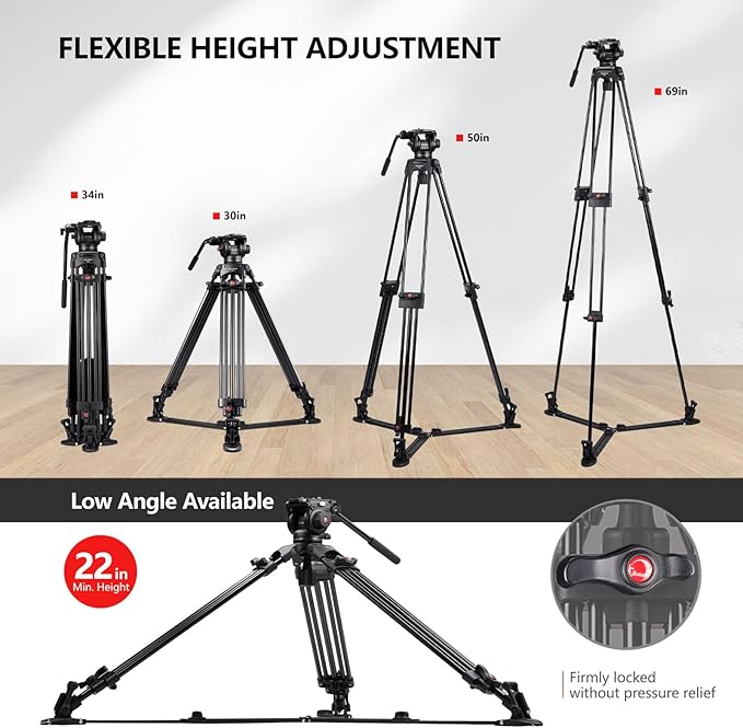 RAUBAY 69" Fluid Head Video Camera Tripod, Heavy Duty Camera Stands for Canon Nikon Sony DSLR, Camcorder, Digital Cine with Ground Spreader, Aluminium Twin Leg, QR Plate, Max Load 17.6lbs (DV-2)