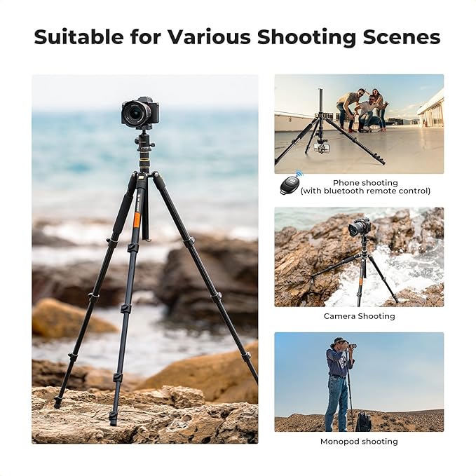 K&F CONCEPT Camera Tripod，72" Aluminum Tripod for Camera, Lightweight and Foldable Travel Tripod with Remote & Extra Quick Release Plate, Professional Camera Tripod Monopod for DSLR Camera and Phone.