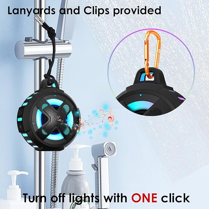 Upgraded, Bluetooth Speaker, Shower Speaker, Certified IP67 Waterproof, Silicone Case, 10W Pro Sound & Deep Bass, 24Hrs Playtime, Lights, Small Wireless, Portable Clip, for Beach Kayak Camping Gifts