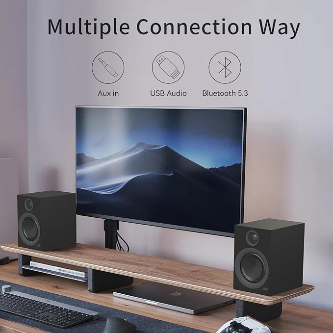 Bluetooth Bookshelf Speakers, 75W Powered Active Speaker with 4 Inch Woofer, HiFi Speaker with aptX Bluetooth USB for Home, Studio, Gaming, Set of 2, Black