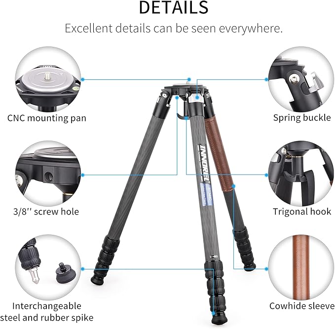 Carbon Fiber Tripod-INNOREL ST344C Professional Heavy Duty Camera Stand with 75mm Bowl Adapter Tube Leg 34.4mm, Max Load 77.2 lbs/35kg,Max Height 63 in/160cm for DSLR Travel Shooting No Mid-Column