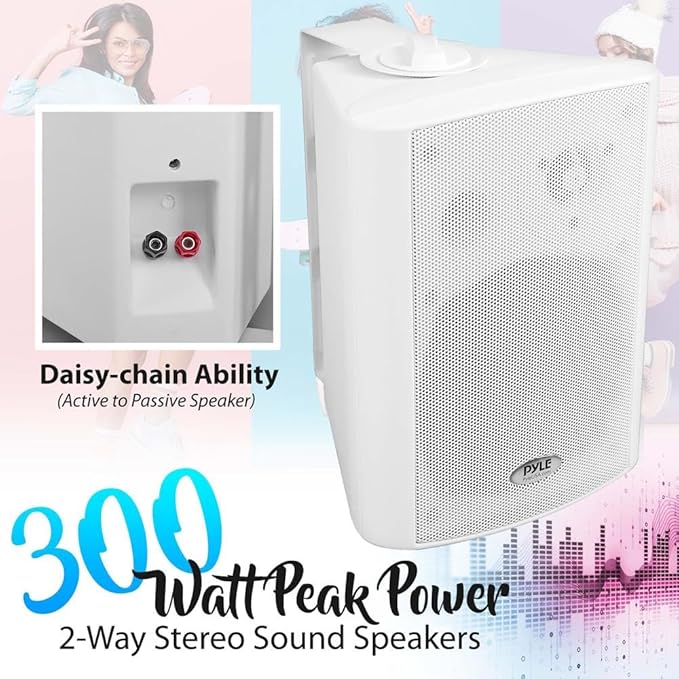 Pyle Wall Mount Home Speaker System - Active Passive Mountable Bookshelf Indoor Studio Garage Patio Stereo Sound Home Theater, Wireless Bluetooth Speaker Set W/Aux & RCA, White