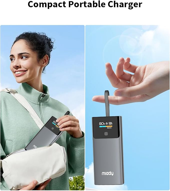 Miady Portable Charger, PD 35W Fast Charging Small Power Bank has Smart Digital Display Screen, 10000mAh Battery Pack Built-in USB-C Cable Compatible with iPhone 16/15 Galaxy S24/S22 Android and More