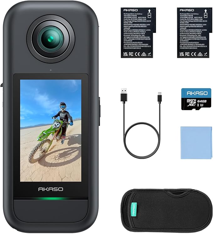 AKASO 360 Weatherproof 360° Action Camera - 5.7K 360 Video with 1/2" 48MP Sensors, 72MP 360 Photo, 360-SuperSmooth, Invisible Selfie Stick Effect, 360° Horizon Lock, AI Tracking with 64GB MicroSD Card
