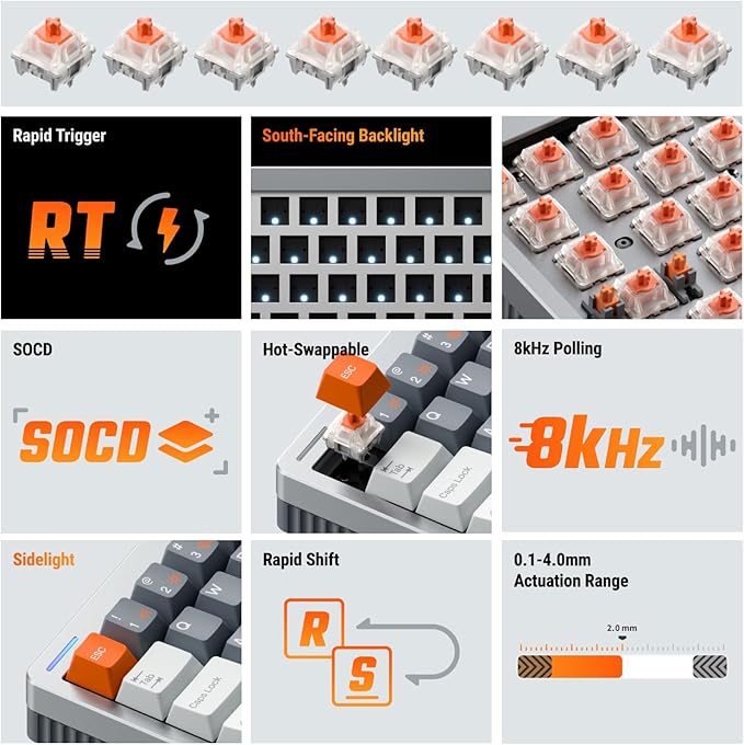 nuphy Halo65 HE Rapid Trigger Gaming Keyboard, 65% Layout 67 Keys Wired Magnetic Switches Keyboard, Hall Effect Keyboard, Hyper-Fast Adjustable Actuation, RGB Hot-swappable, 8K Hz Polling Rate
