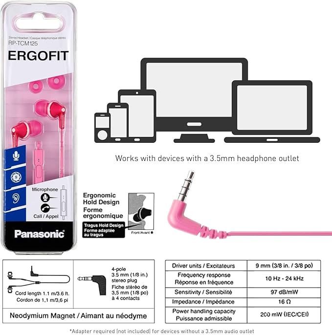 Panasonic ErgoFit Wired Earbuds With Microphone, 3.5mm Jack Wired Headphones with Mic and Call Controller, Ergonomic Custom-Fit Earpieces (S/M/L), for Phones and Laptops - RP-TCM125-P (Pink)
