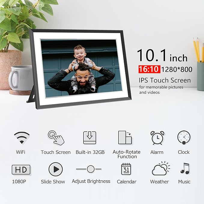 SSAWiFiFrame 10.1 Inch Smart WiFi Digital Photo Frame 1280x800 IPS LCD Touch Screen, Auto-Rotate, 32GB Storage, Share Moments Instantly via App or Email from Anywhere, Music, Calendar, Weather, Clock