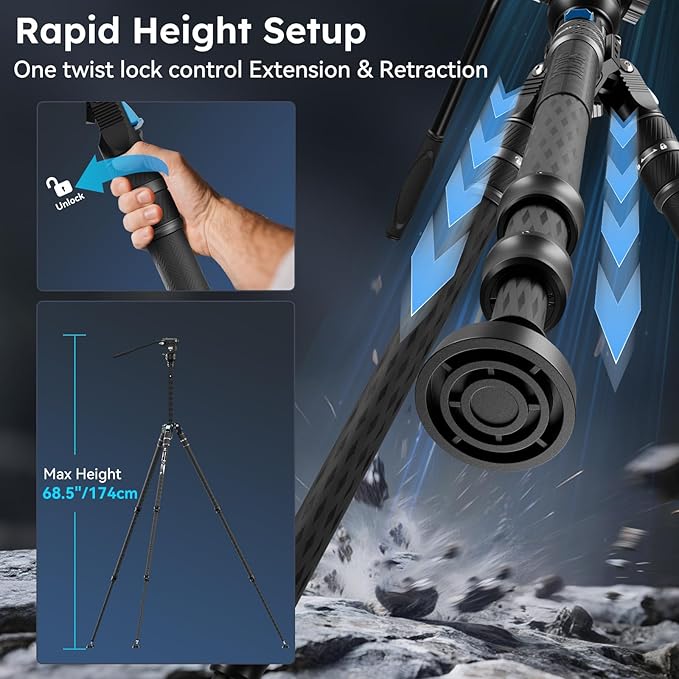 SIRUI SVS60 Carbon Fiber Tripod with S3 Fluid Video Head Kit, 68.5" One-Step Height Adjustment Travel Tripod & Monopods, Modular Compact with Triangular Center Column, ±15°Leveling, Max Load 13 lbs