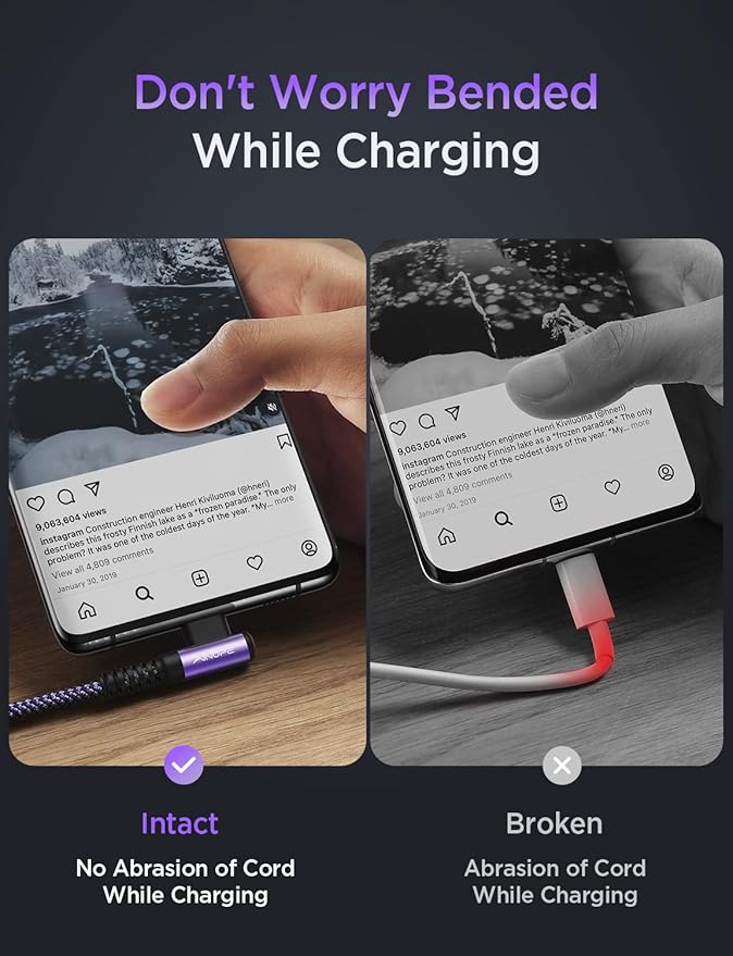 AINOPE USB C Cable 60W 2-Pack 10ft Nylon Braided USB C to USB C Cable Type C Charger Fast Charging Right Angle USBC Cable Charger Cord for iPhone 16 Pro Max 15 Plus Samsung S24 S23 iPad Pro Purple