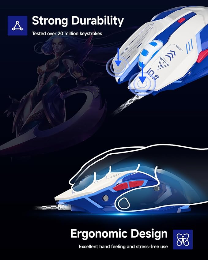 EWEADN G10 Wired Gaming Mouse, Computer Mouse with RGB Backlit, 3200 DPI Adjustable, Quiet Clicks, Ergonomic Wired Mouses with 6 Buttons and 4.2FT Cord, USB Mouse for PC/Win/Laptop, White-Blue