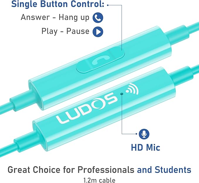 LUDOS OMNITONE USB C Headphones for iPhone 16 15 Pro Max Plus iPad Pro, 5 Years Warranty, USB-C Earbuds for Samsung Galaxy S24 S23 S22 S21 S20 A55 A54 A53, USB Type C Earphones - Turquoise