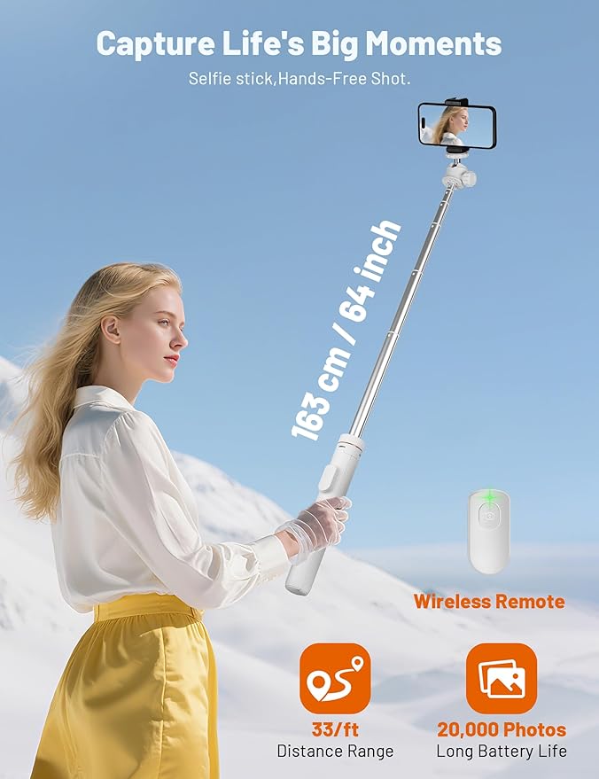 JOILCAN Tripod for iPhone & Camera, 64" Selfie Stick with 360° Ball Head Remote & Phone Holder, Extendable Portable Phone Tripod Stand for Travel Vlog Compatible with Canon Sony DLSR DJI (White)