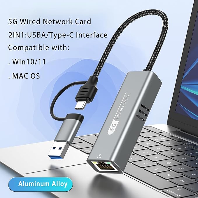 5G USB 3.2 Ethernet Adapter with RTL8157, 2-in-1 USB-A/Type-C to 5Gbps Network Card RJ45 LAN Converter for PC Laptop Windows Mac OS Linux(5Gbps Need Type-C > 3.2)