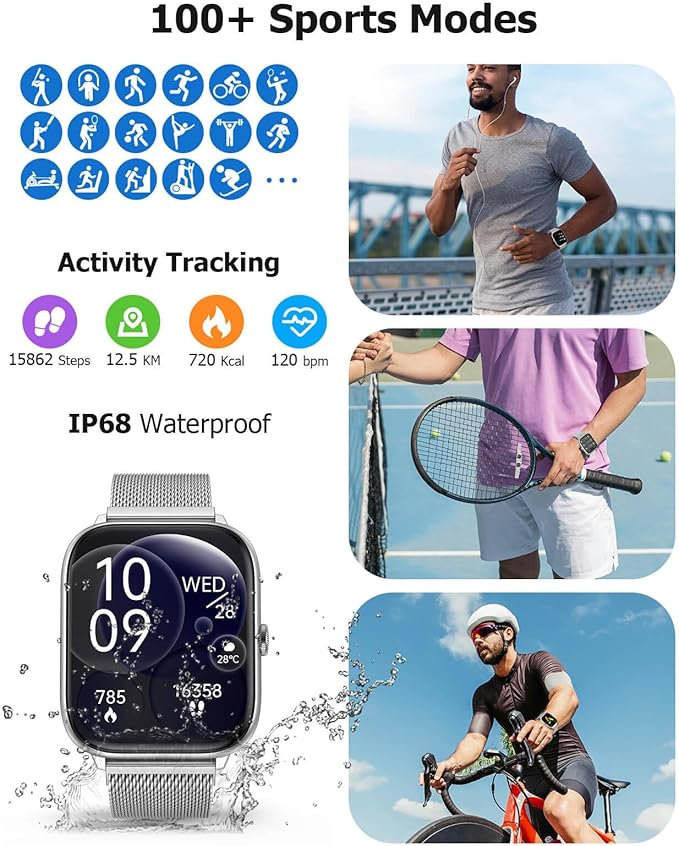 2.06" AMOLED Smart Watches with Blood Pressure, 118 Sports Modes, Fitness Activity Tracker for Men Women, Heart Rate Sleep SpO2 and Stress Monitor, IP68 Waterproof, Compatible with Android and iPhone