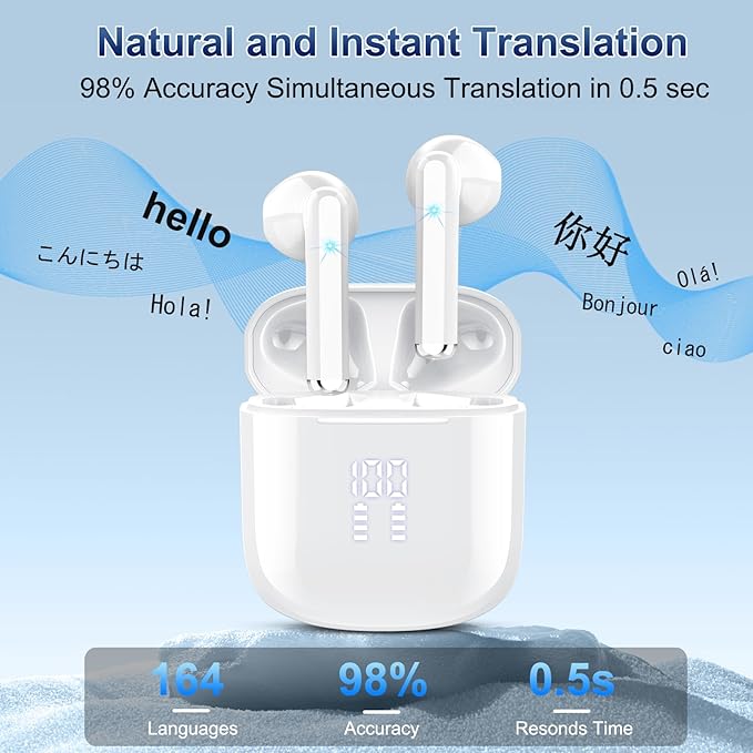 AI Translation Earbuds Real Time, 164 Language Translator Earbuds 3-in-1 Bluetooth 5.4 with APP, Translation Headphones with 6 Translation Modes Translating Device for Travel/Business/Learning, White