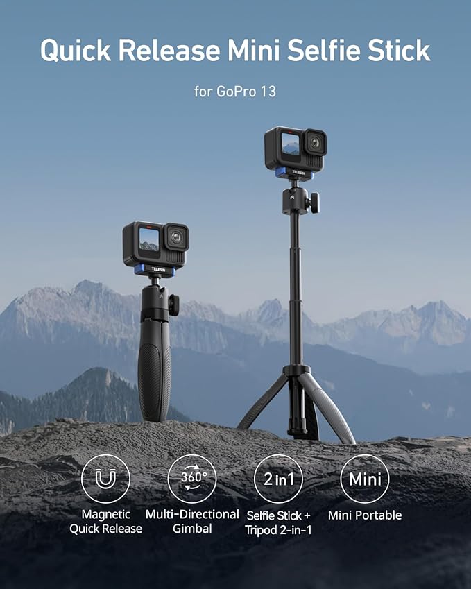 TELESIN 40cm/15.7'' Mini Selfie Stick Tripod Compatible with Gopro 13 Action Camera, Magnetic Quick Release Selfie Handle Grip,360° Adjustable Portable Extension Monopod for Shooting Video Accessories