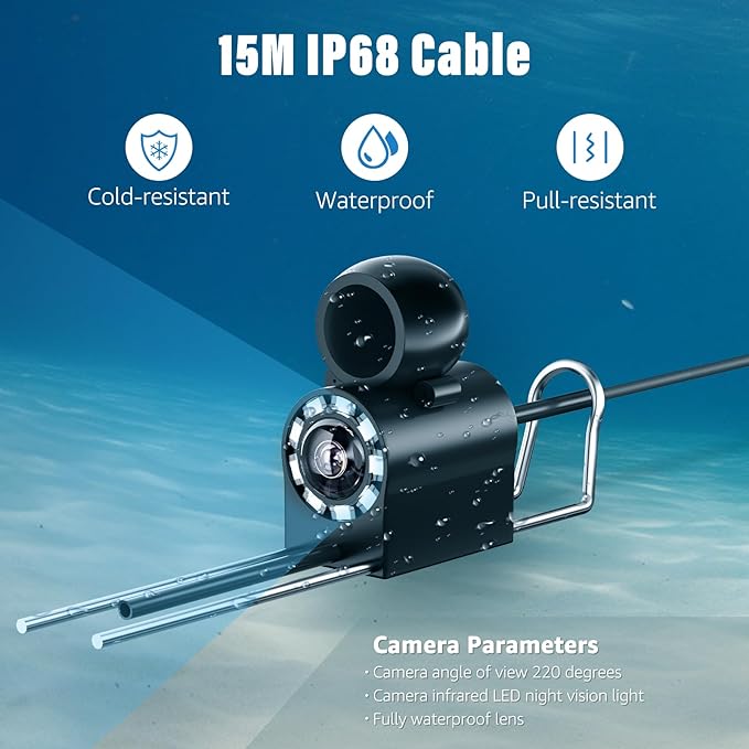 Underwater Fishing Camera, 4.3 Inch Portable Night Vision Fish Finder HD 1000 TVL Infrared Waterproof Camera LCD Monitor 15M Cable for Ice Dark Fishing Lake Sea Boat Kayak