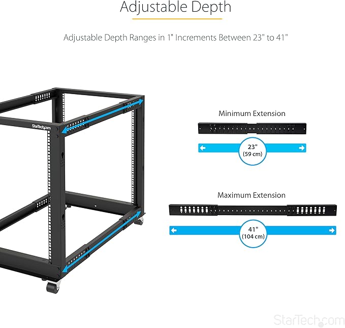 StarTech.com 4-Post 8U Mobile Open Frame Server Rack, 19in Network Rack with Wheels, Small Rolling Rack for Computer/AV/Data/IT Equipment, Casters, Leveling Feet or Floor Mounting (4POSTRACK8U)