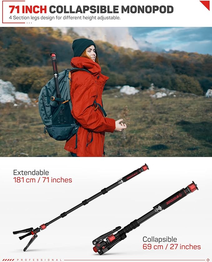IFOOTAGE 71" Lightweight Travel Monopod with Feet, Aluminum Camera Monopod, Compatible with Sony, Canon, Nikon DSLR Cameras, Payload up to 17.64 lbs/5 KG, Cobra 3 A180T