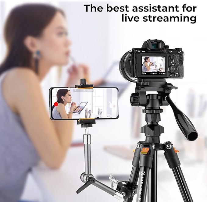 K&F Concept 70" Video Tripod,Lightweight Travel Tripod with 3-Way Swivel Pan Tilt Head Load 6.6 lbs, Phone Holder Smartphone Clip Quick Release Plate, for Phone DSLR Camera O234A0+BV02