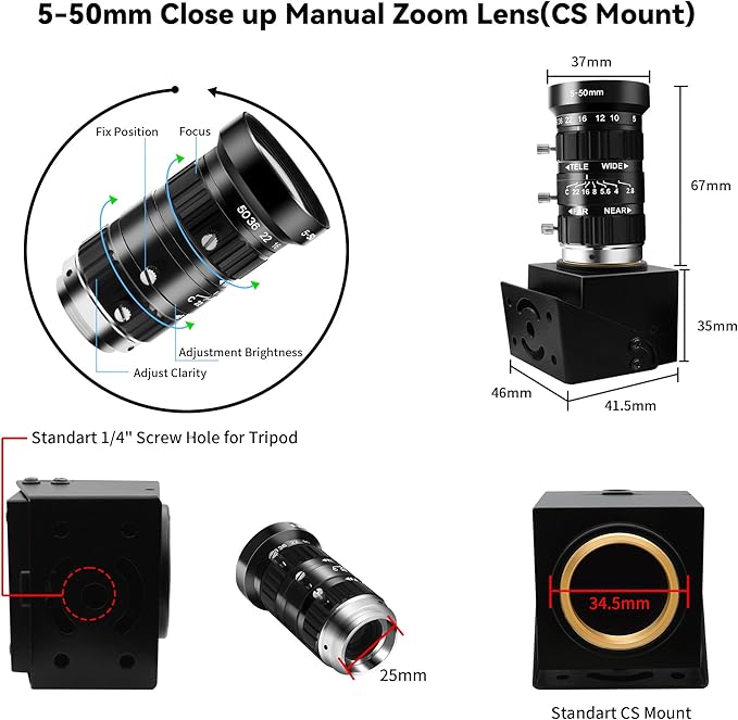 48MP USB Webcam 8K Ultra HD Color Camera with 5-50mm 10X Manual Optical Lens 6000P Industrial Security Video Camera Close-Up Zoom Function Plug-and-Play for Windows, Linux, Mac OS