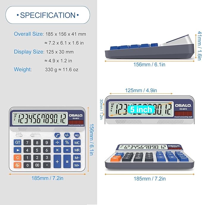Desktop Calculator Extra Large 5in LCD Display 12-Digit Big Button Giant Accounting Calculator, Battery & Solar Powered, for Office Business & Home(OS-6815)